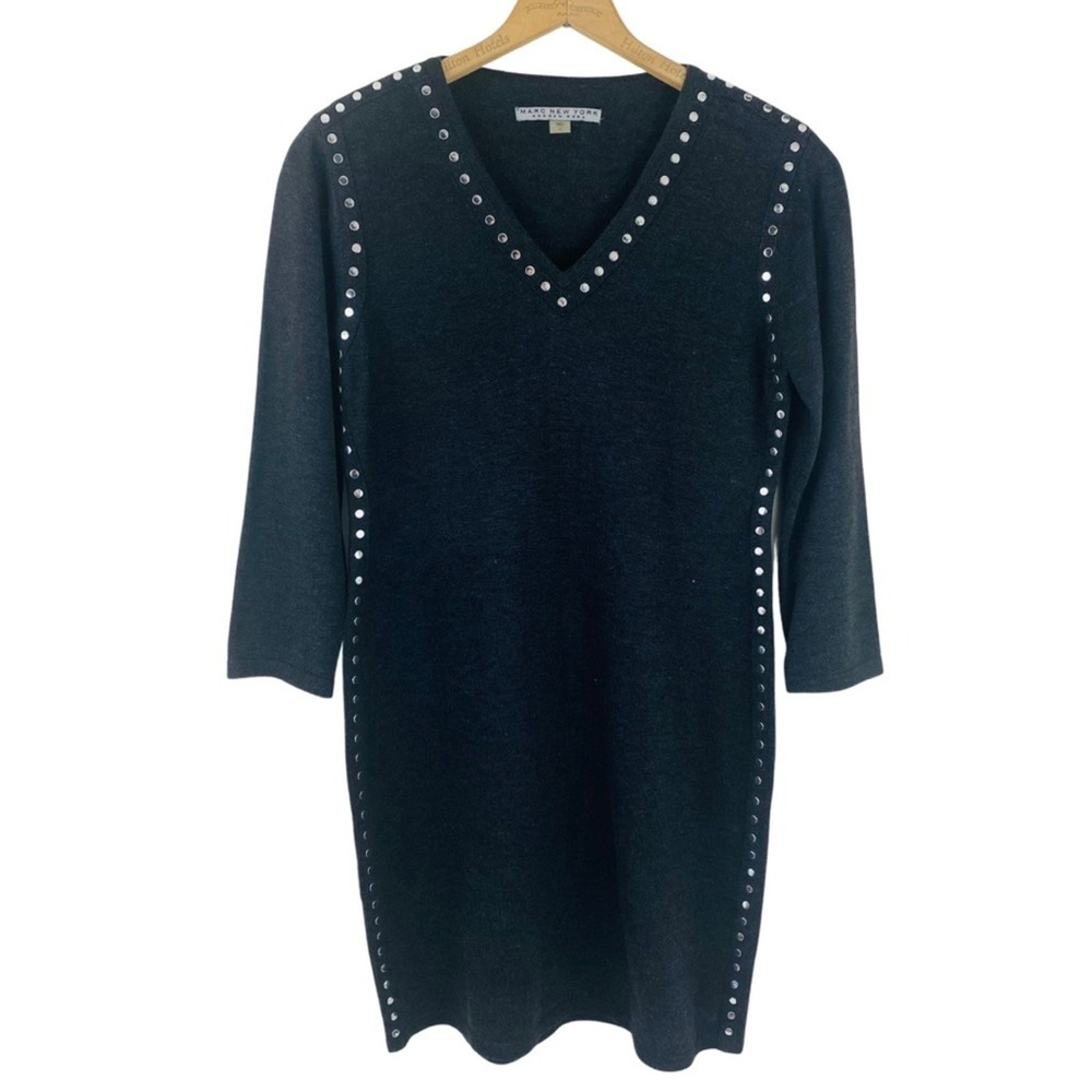 Marc New York Andrew Marc Gray Studded V-Neck Sweater Dress 3/4 Sleeve Womens L‎